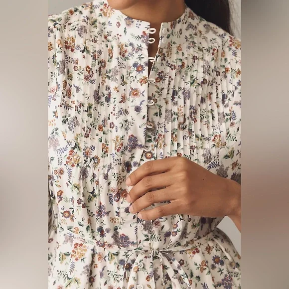 English Factory Floral Print Pintuck Smock Dress Medium - Picture 2 of 3